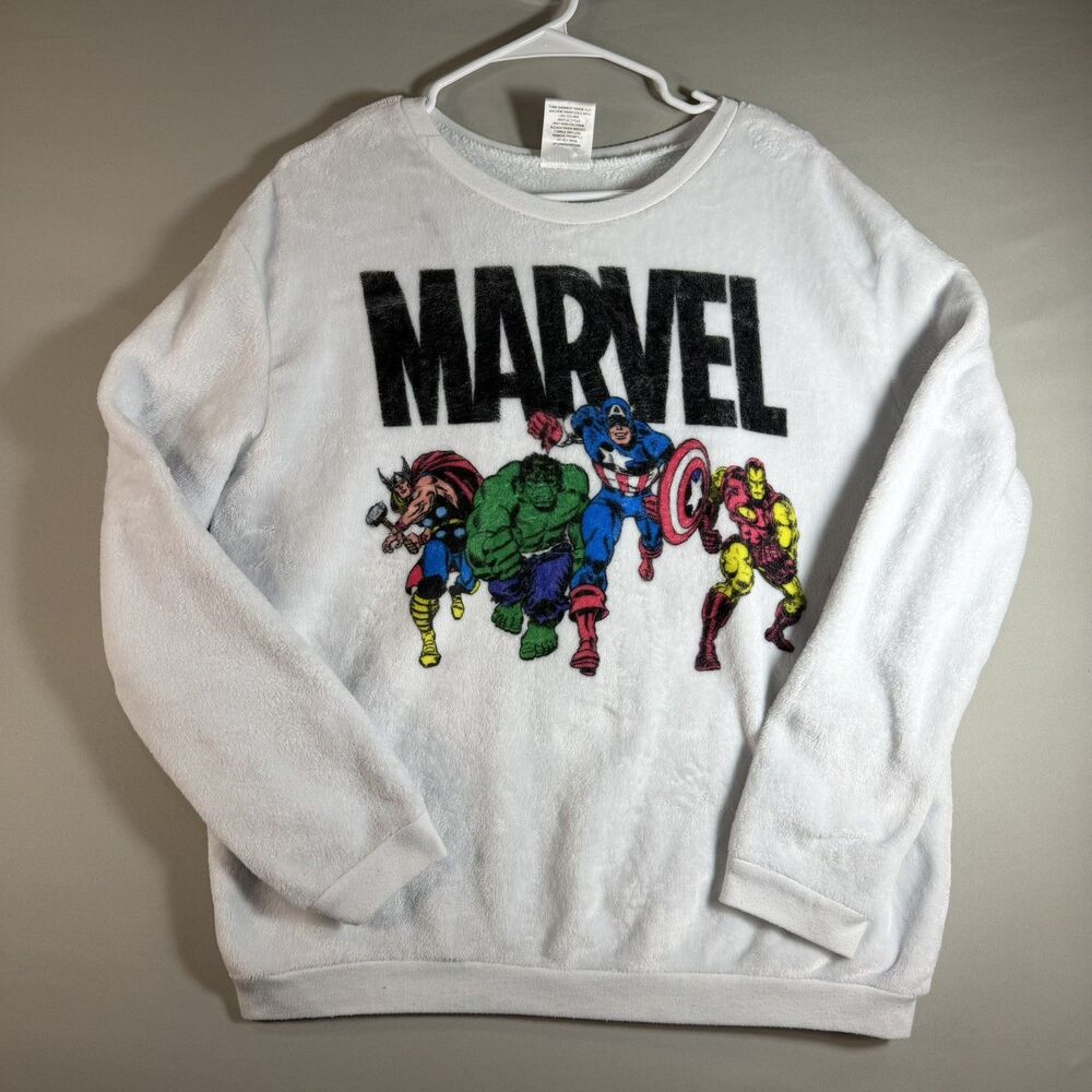 Marvel Soft White Fleece Sweatershirt 2XL Graphic Print Logo Hero’s Unisex